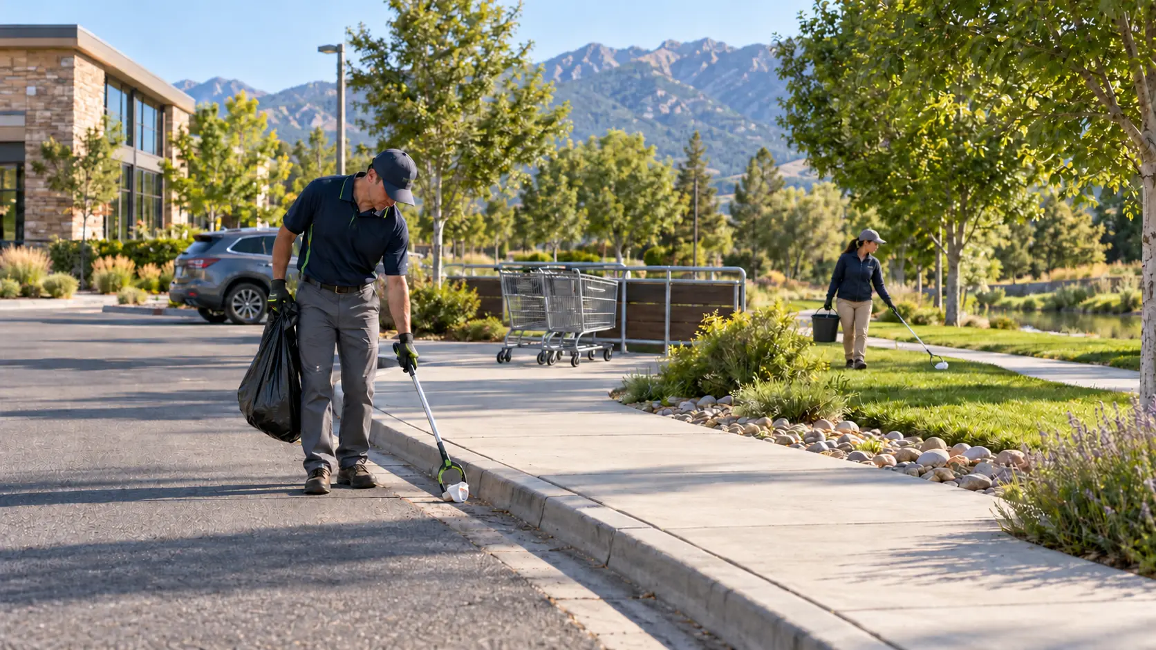 Workers picking up litter beside a community greenbelt and shopping cart corral